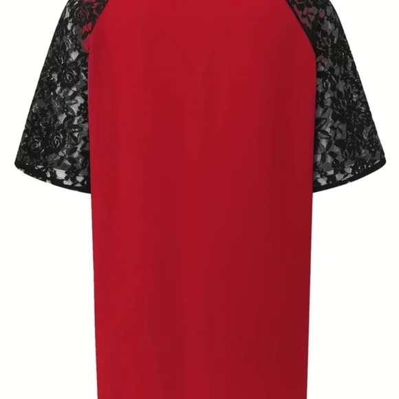 Women's Plus Size Red and Black Floral Jacquard Contrast Lace Casual Top💖 - Picture 5 of 12